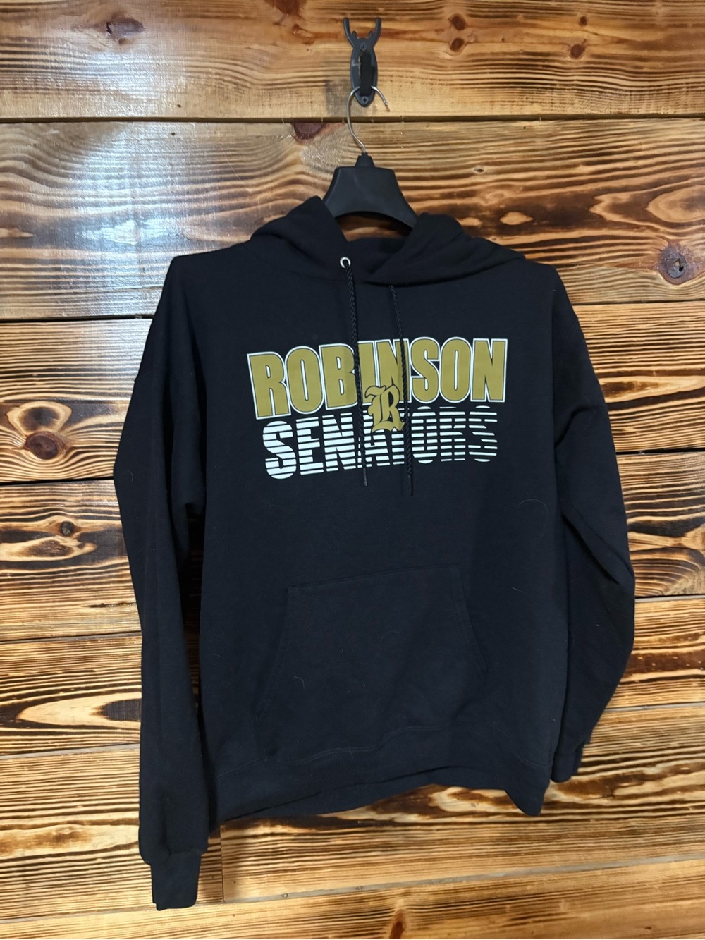 Hanes Black Hoodie with Gold and White 'Robinson Seniors' Graphic
